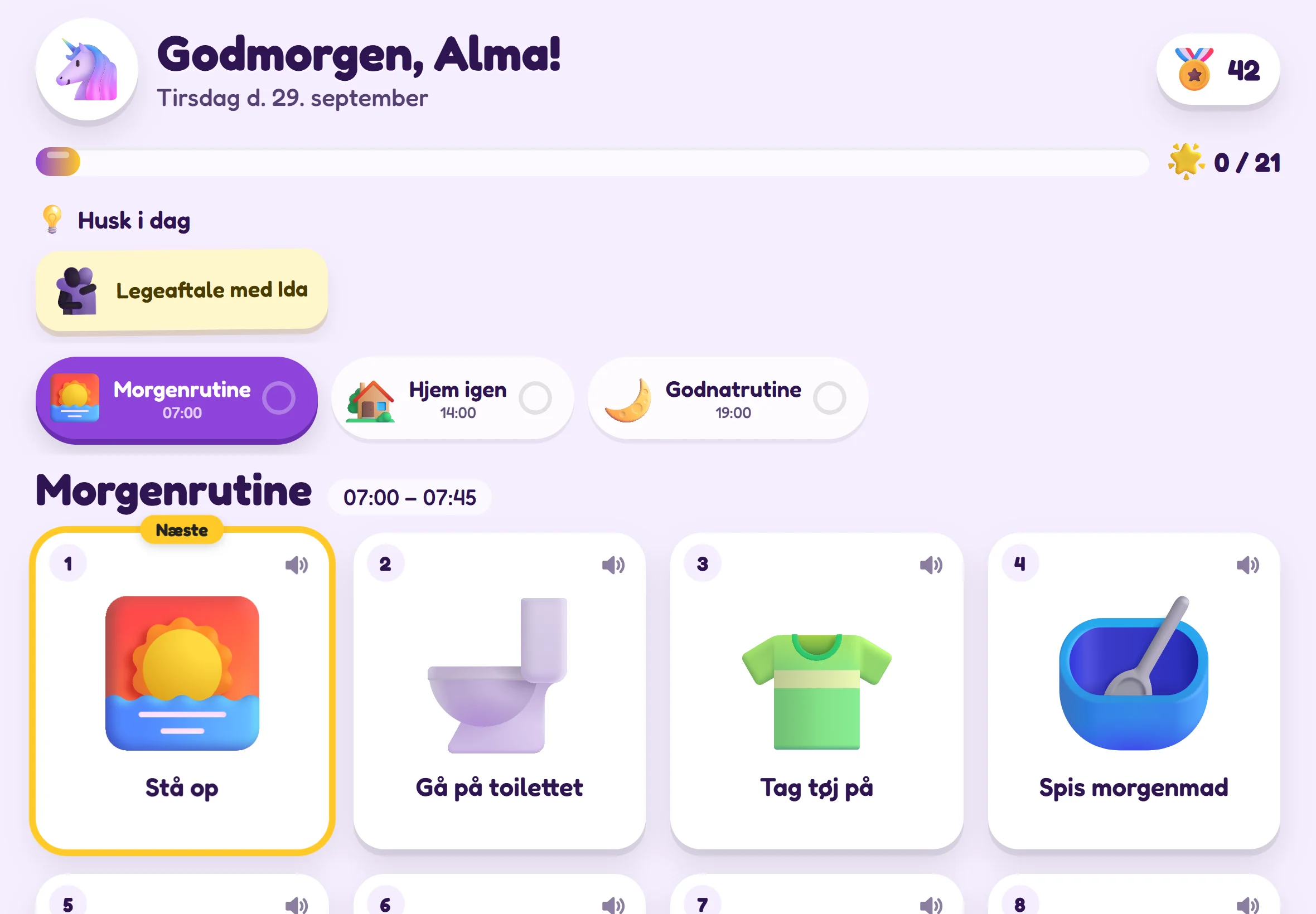 Stilen Legende: store, farverige billedkort med numre, og den næste opgave er fremhævet