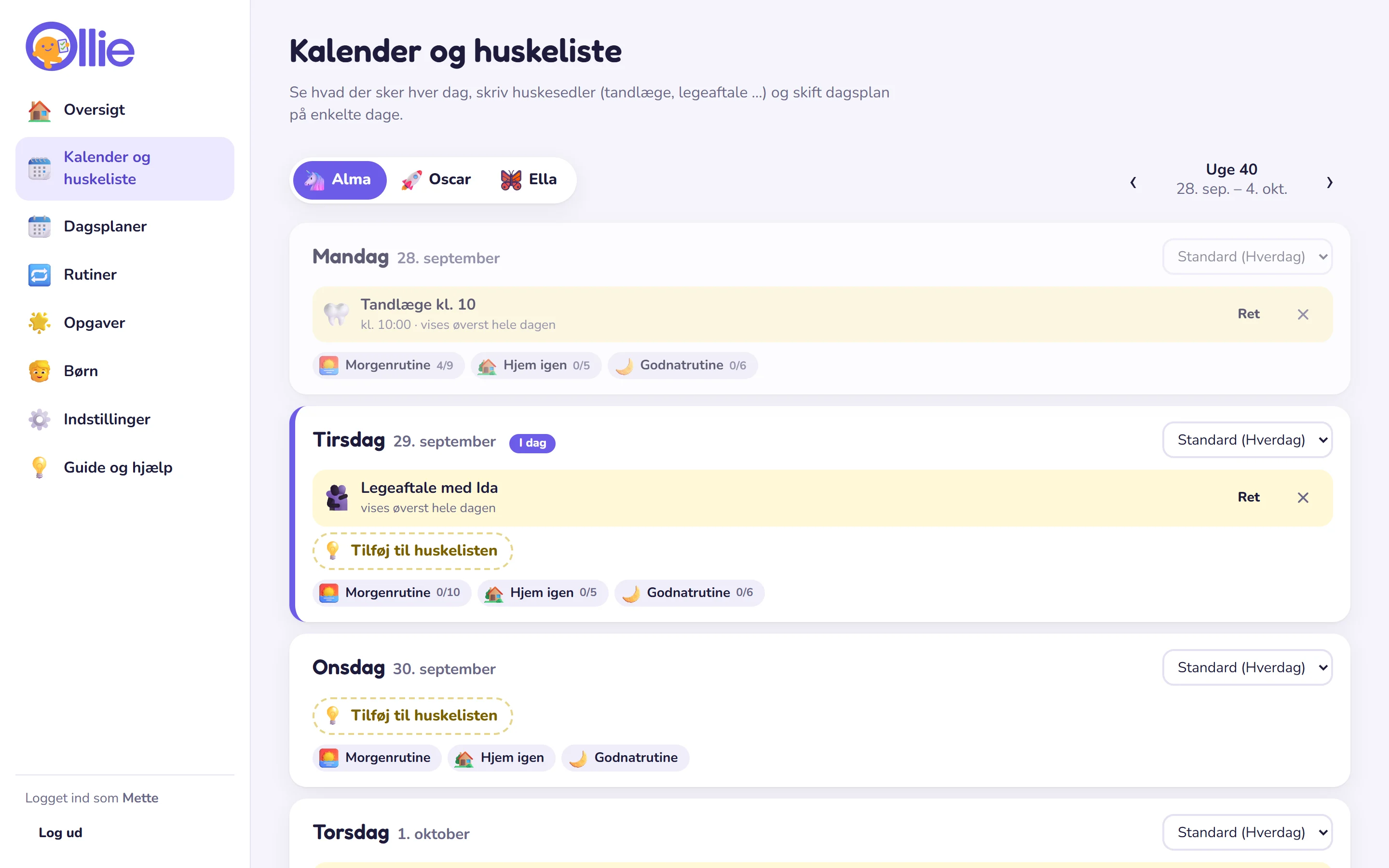 Kalender och påminnelse för veckan